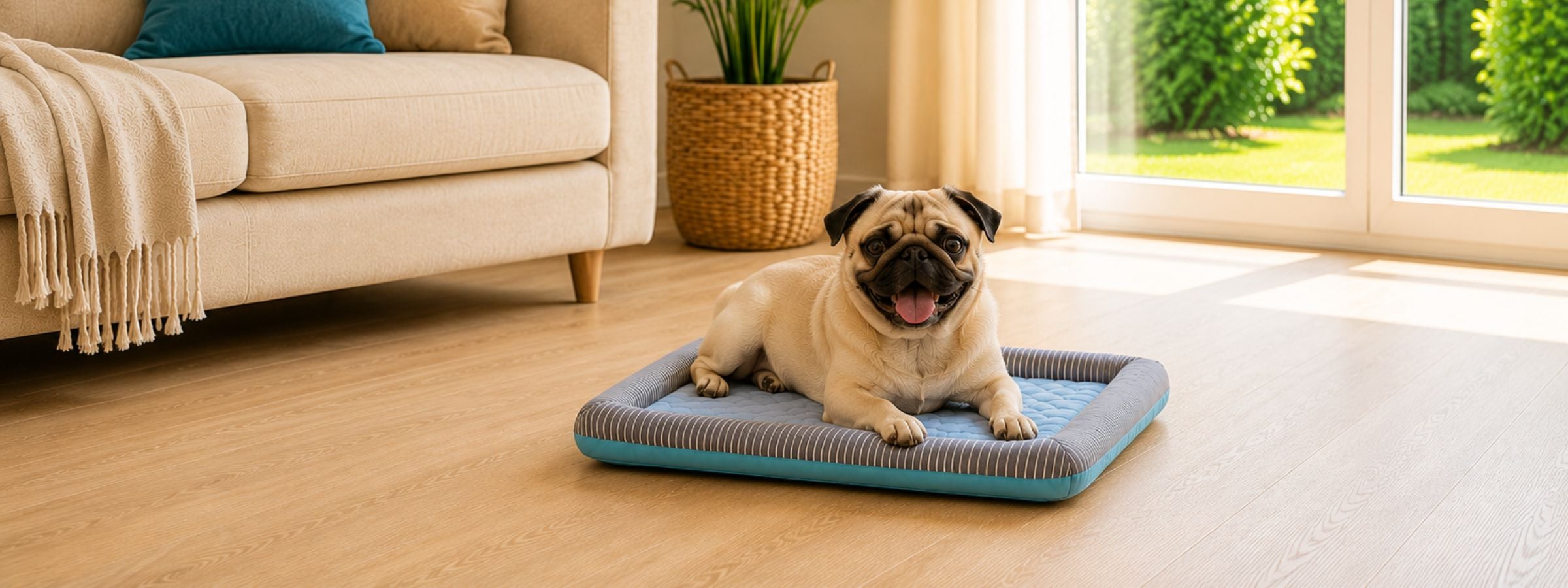 Chien heureux allongé dans un coin frais, lumière d'été